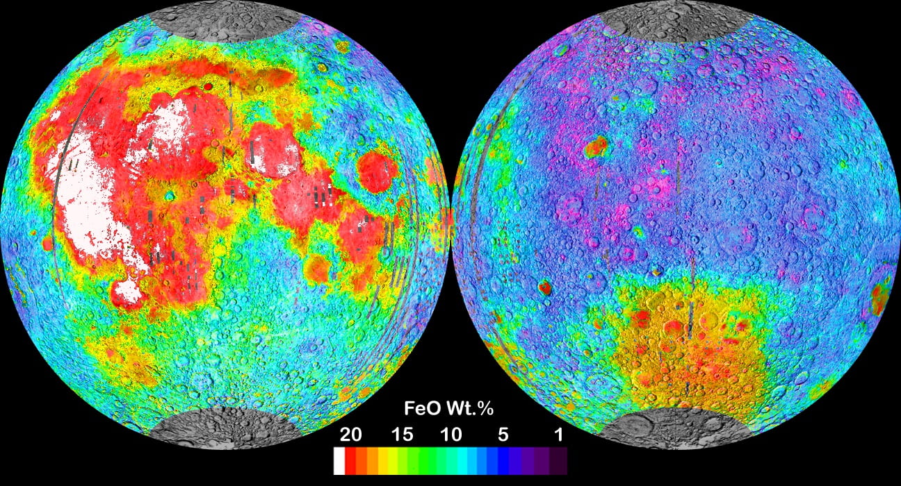 Mapa stężenia powierzchniowego żelaza (wyrażonego jako FeO) na bliższej (lewej) i odległej (prawej) stronie Księżyca 