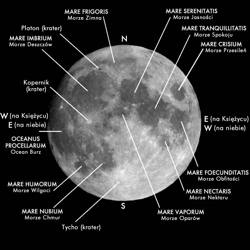 Widoczna strona Księżyca z morzami i kraterami
