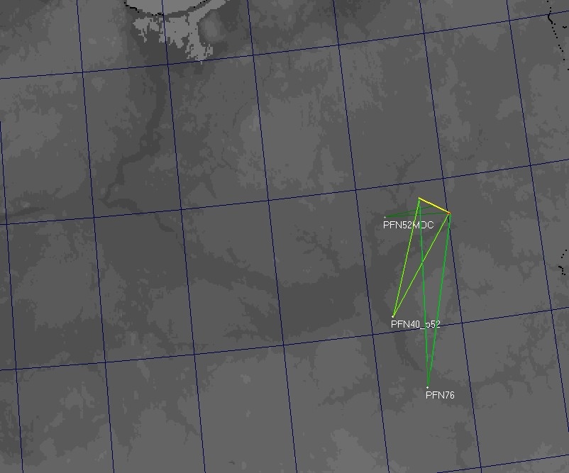 Mapa przelotu bolidu z zaznaczonymi stacjami PFN, które go zarejestrowały.