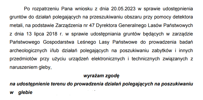 Zgoda na poszukiwania od Nadleśnictwa Łomża